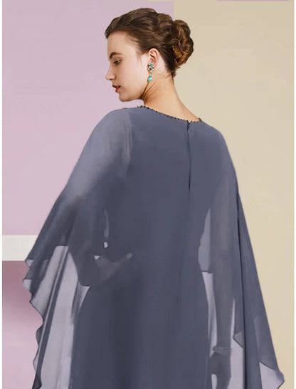 Sheath / Column Mother of the Bride Dress Wedding Guest Elegant Jewel Neck Floor Length Chiffon Half Sleeve with Sequin Tier Solid Color