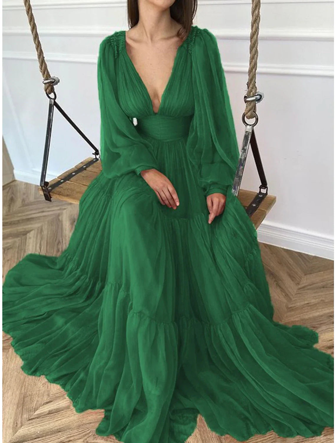 Aimishang A-Line Evening Gown Elegant Dress Red Green Dress Formal Wedding Guest Floor Length Long Sleeve V Neck Chiffon with Ruched