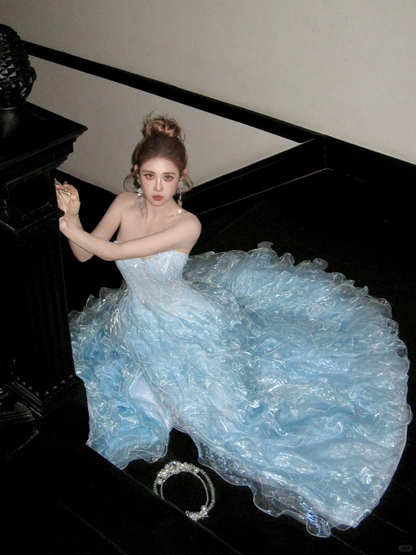 Gorgeous Shiny Light Blue Strapless Design A-Line Tulle Wedding Dress Prom Dress Evening Dress HZ1024