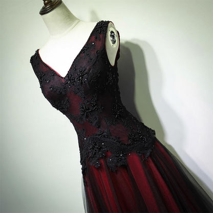 Gorgeous Black And Red V-Neckline Tulle Beaded Prom Dress, Long Evening Dress c2542