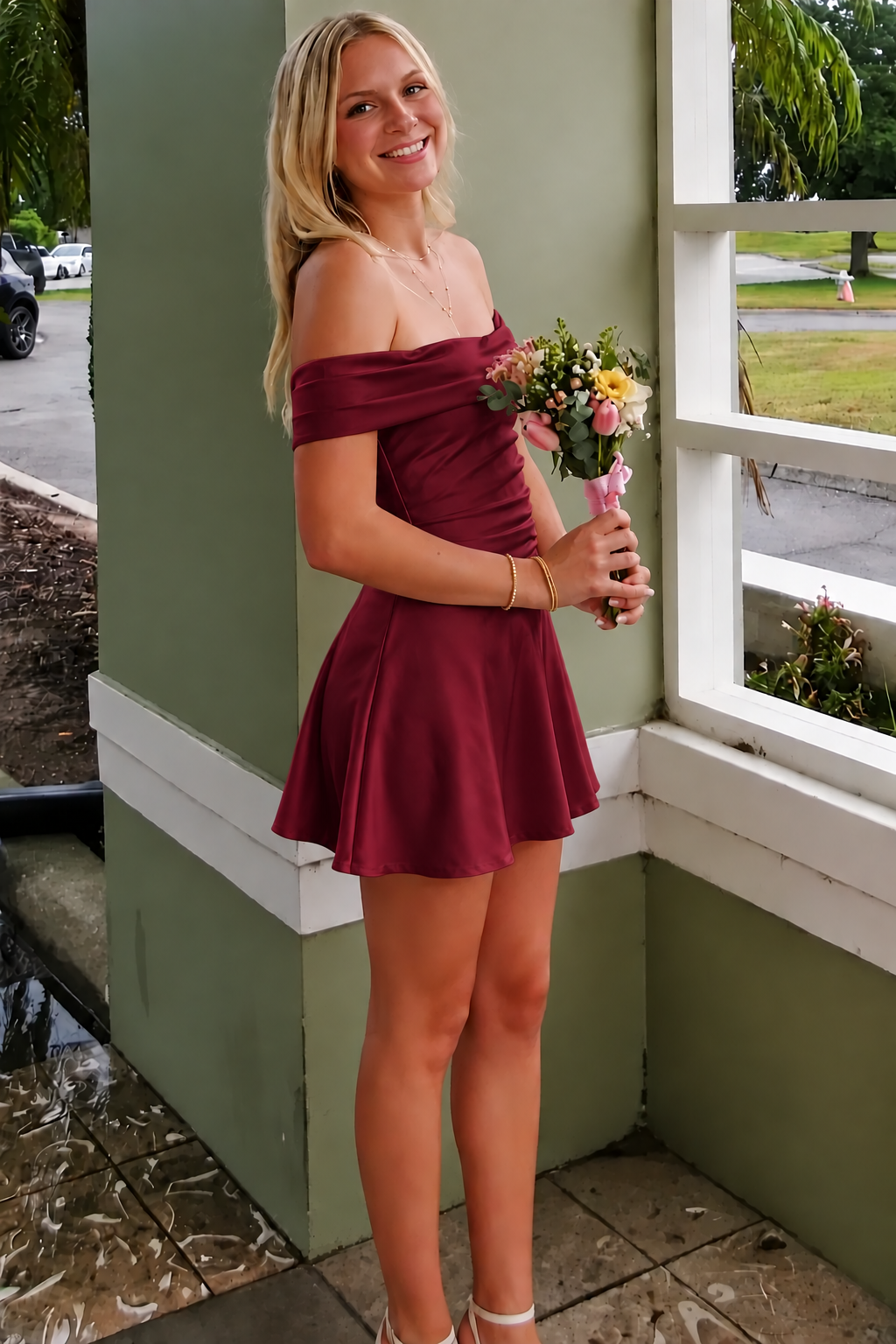 Pink Satin Off-Shoulder A-Line Pleats Short Party Homecoming Dress