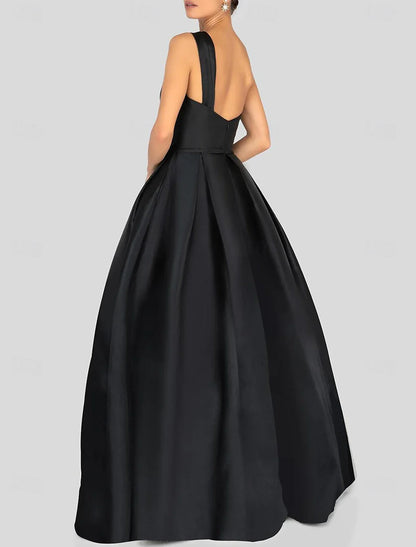 Aimishang A-Line Prom Dresses Gowns Evening Dresses Dress Black Formal Dress Floor Length Sleeveless One Shoulder Satin with Ruched