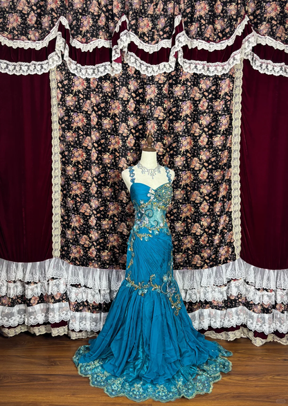 Vintage Blue Glittering Beaded Evening Dress Sheath Sweetheart Long Prom Dress HZ1024