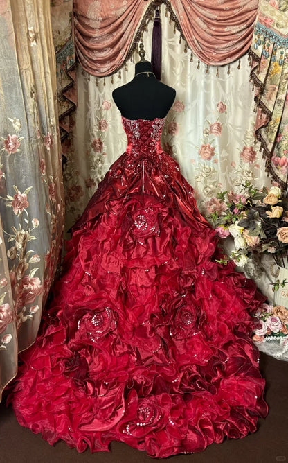 Vintage Burgundy Sweetheart Satin Strapless Beading Sweet 16 Quinceanera A-Line Evening Dress Ball Gown HZ1024