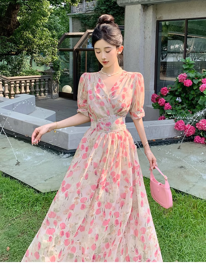 New Fashion Pink Floral Design Short Sleeves V-neck A-Line Women Long Dress HZ1024
