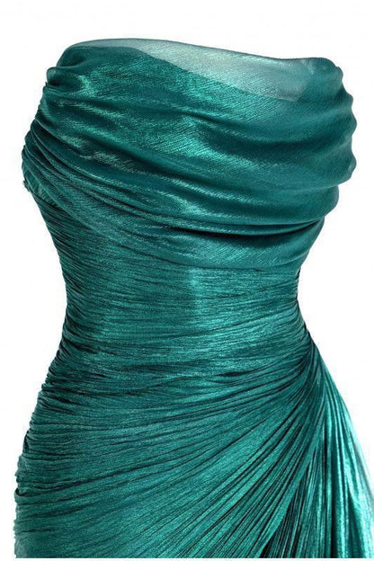 Unique Green Strapless Tulle Ruched Evening Gown Long Party Prom Dress cc2179