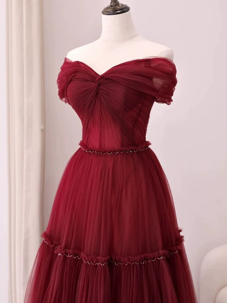 A-Line Off Shoulder Tulle Burgundy Long Prom Dress, Burgundy Long Formal Dress