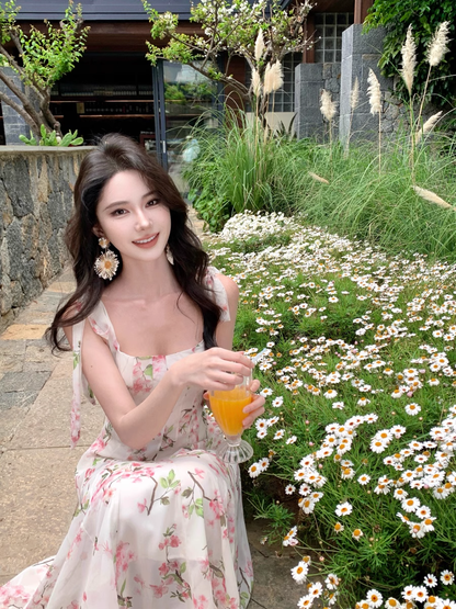 Simple Fashion Pink Floral Design A-line Beach Holiday Spaghetti Strap Dress HZ1024