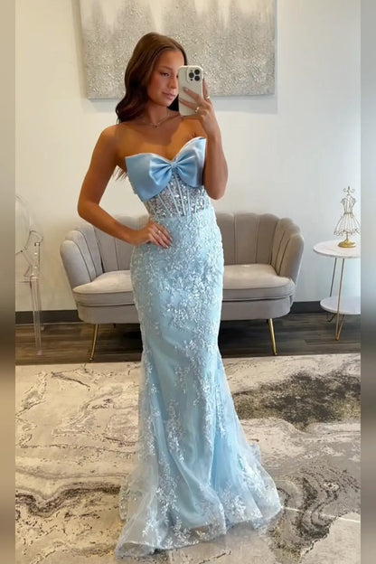 Sky Blue Mermaid Strapless Long Corset Prom Dress with Appliques