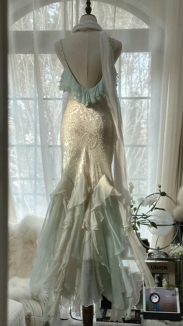 Green white gorgeous beautiful charming spaghetti straps beaded ruffles mermaid long slim lace tulle ball gown fashion evening dress party dress prom dress gh3617a