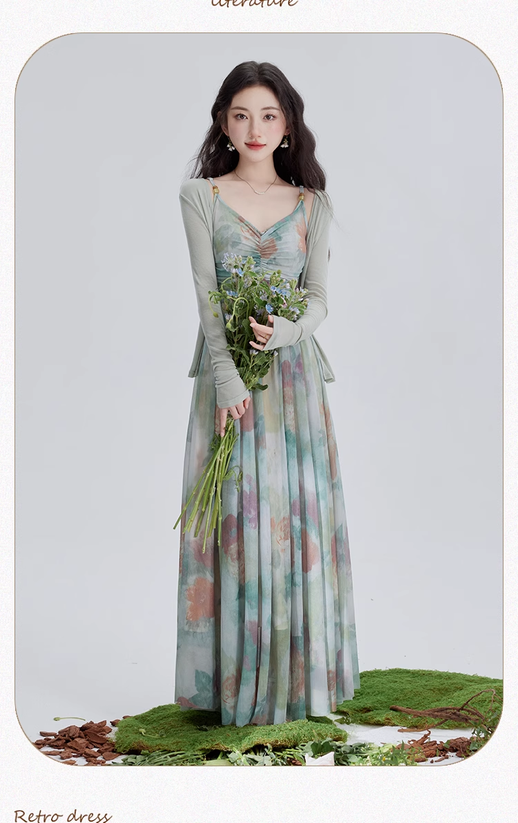 Vintage Fashion Floral Print Design Long-sleeved Cardigan A-line Long Spaghetti Strap Dress HZ1024