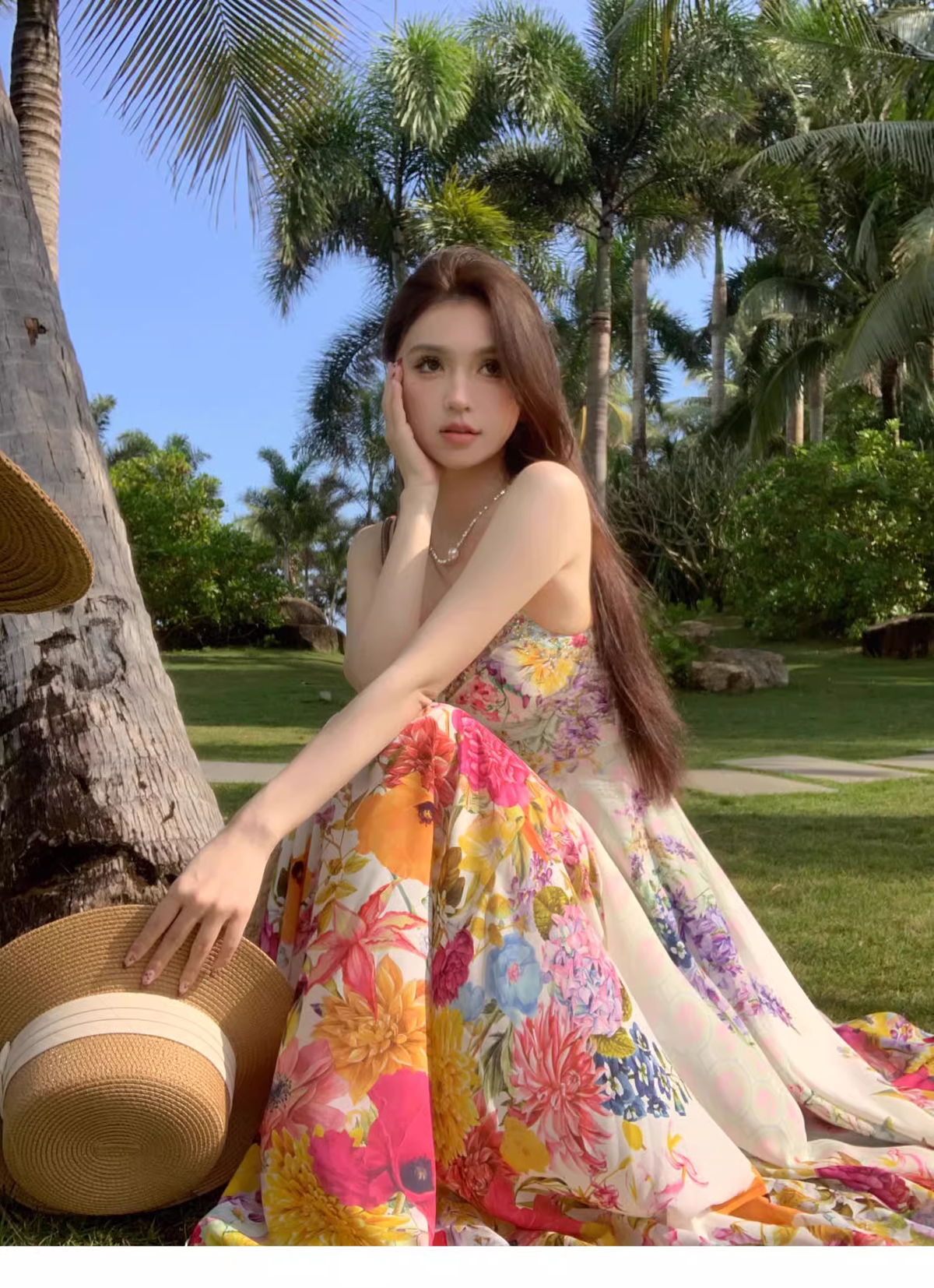 New Stylish Floral Design Beach Holiday Spaghetti Strap Dress HZ1024