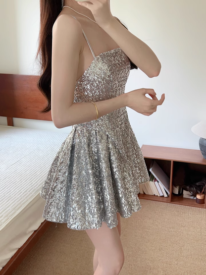 Fashion Silvery Spaghetti Strap A-line Sequin Party Dresses Homecoming Dresses, HZ1024