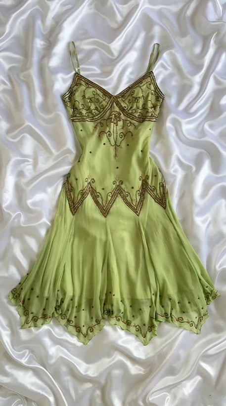 Vintage Embroidery Chiffon Spaghetti Strap Homecoming Dress Party Dress Cocktail Dress HZ1024