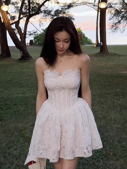 Vintage White Lace Strapless A-Line Homecoming Dress Party Dress Cocktail Dress HZ1024
