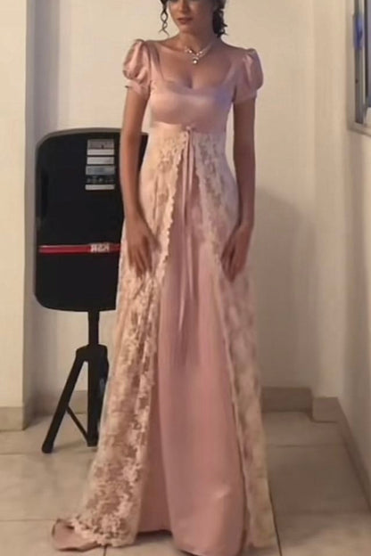 girlhomeshops-Pink short-sleeved lace retro elegant long prom dress gh5758