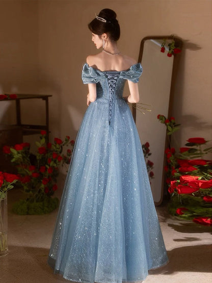 A-Line Sweetheart Neck Tulle Lace Dark Blue Long Prom Dress, Dark Blue Long Formal Dress