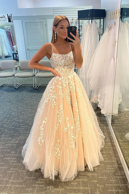 Princess Scoop Neck Lace Appliques A-line Empire-Waist Long Formal Dress