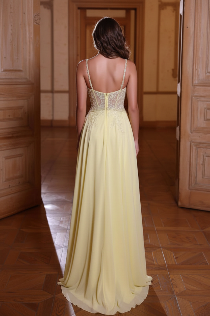 Daffodil Lace Applique A-line Prom Dress Spaghetti Straps with High Split