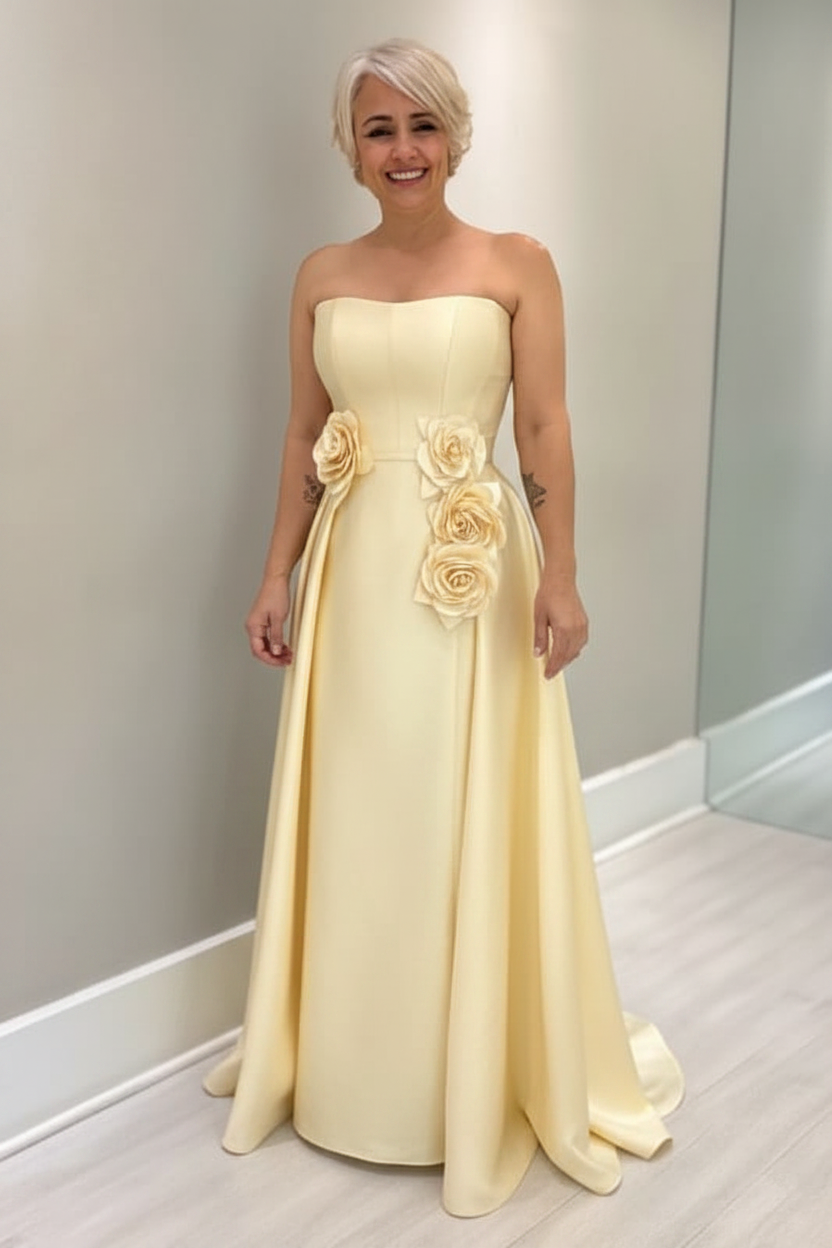Dusty Blue Satin Mother of the Bride Dress Strapless with Flowers
