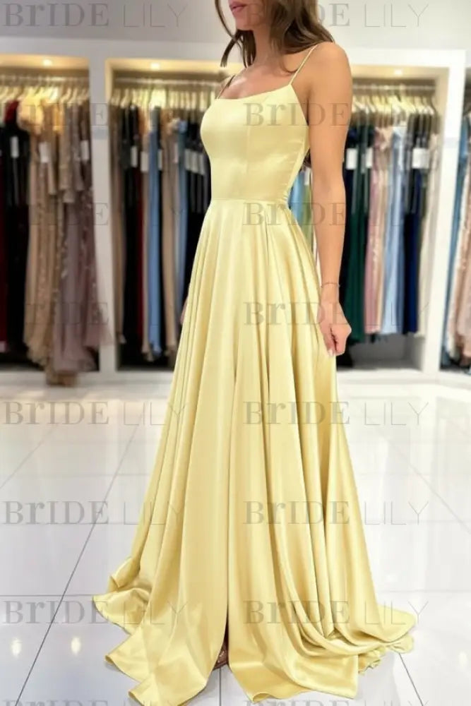 Spaghetti Straps Simple Satin Long Prom Dress with Slit