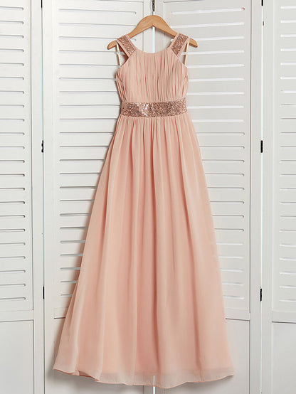 Daiada A-Line Jewel Neck Maxi Chiffon Flower Girl Dress With Lace Sash Ribbon