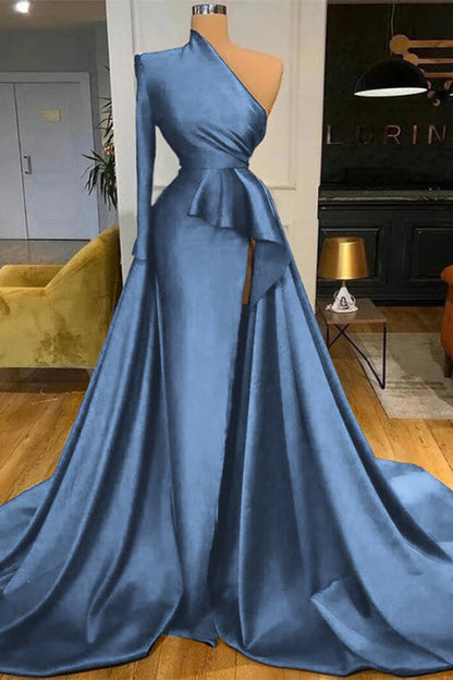 Dark Blue Long Sleeves Mermaid Prom Dress Split