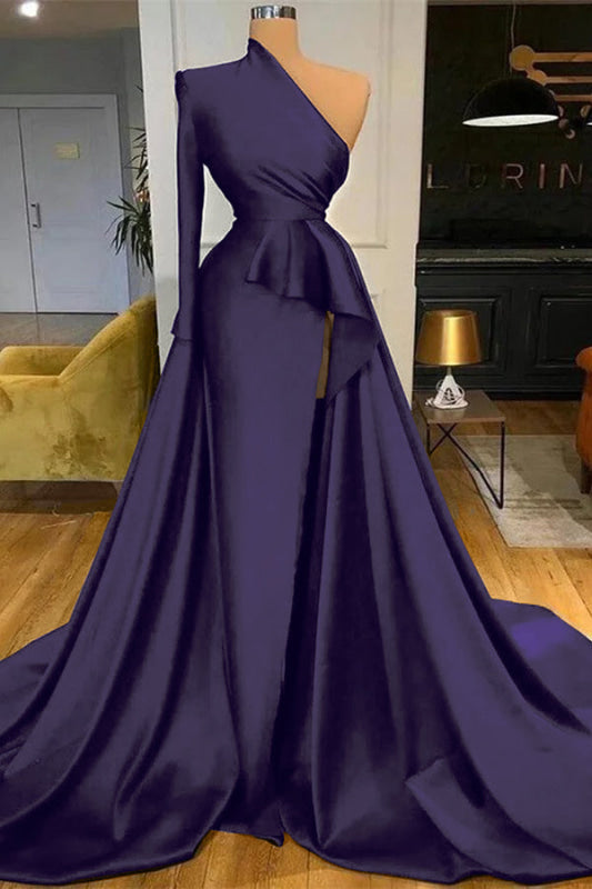 Dark Blue Long Sleeves Mermaid Prom Dress Split
