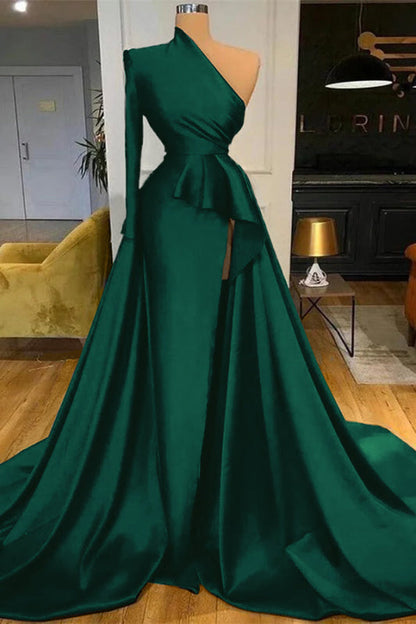Dark Blue Long Sleeves Mermaid Prom Dress Split