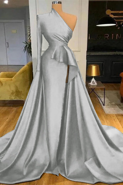 Dark Blue Long Sleeves Mermaid Prom Dress Split
