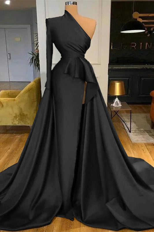Dark Blue Long Sleeves Mermaid Prom Dress Split