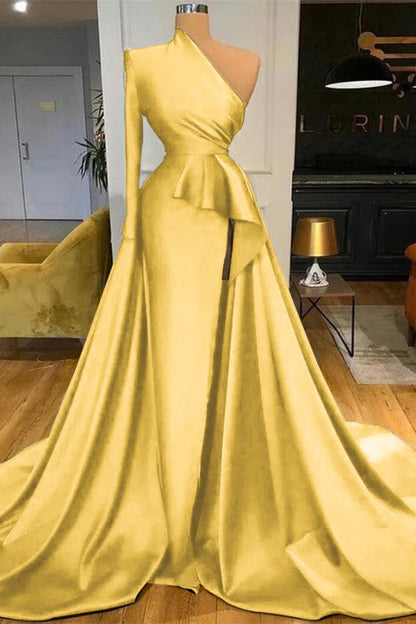Dark Blue Long Sleeves Mermaid Prom Dress Split