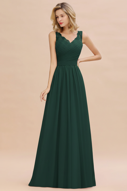 Modest Floral Lace A-line Bridesmaid Dress V-Neck Ruched Chiffon Wedding Guest Dress
