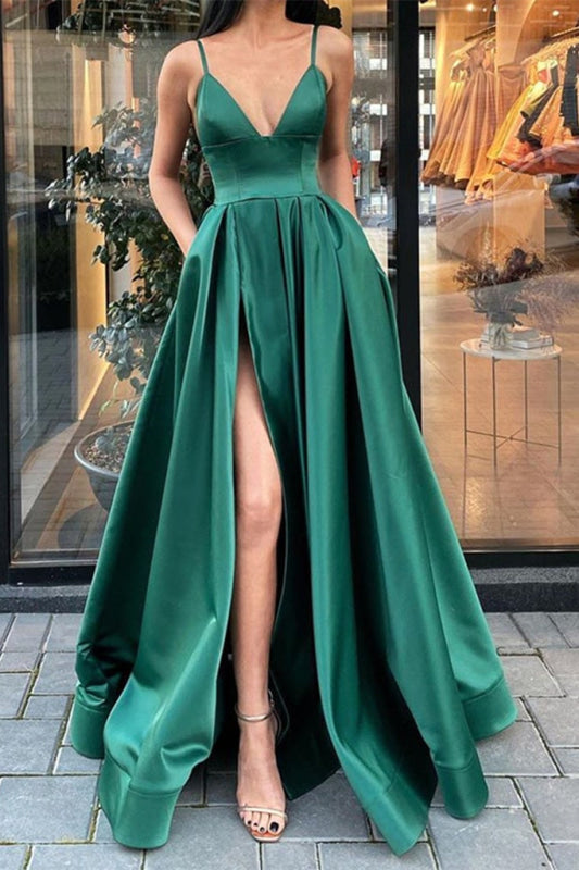 Chic Dark Green Prom Dress Satin Front Split with Pockets