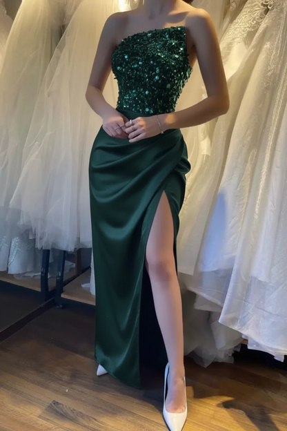 Glamorous Satin Black Prom Dress with Sequins Sleeveless High Slit Evening Dress