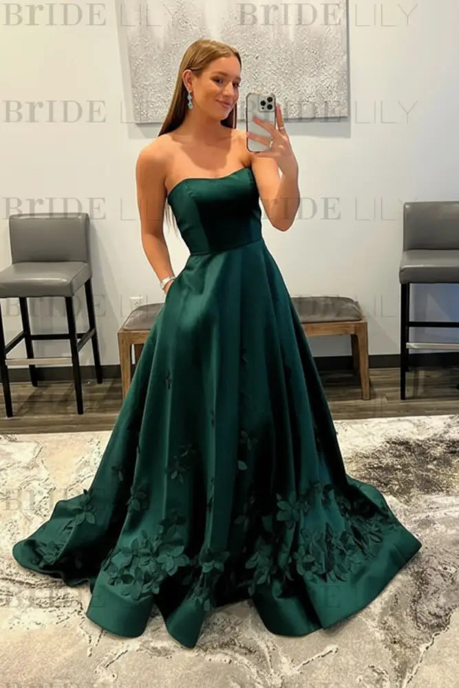 Strapless Light Blue Satin Prom Dresses 3D Flowers A-line Evening Dresses with Pocket