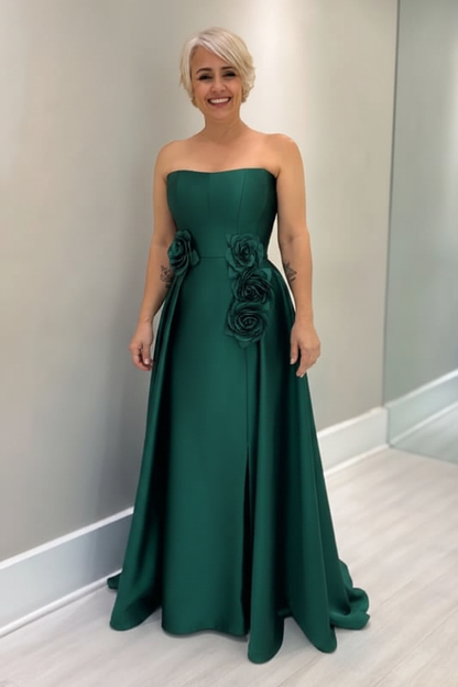 Dusty Blue Satin Mother of the Bride Dress Strapless with Flowers