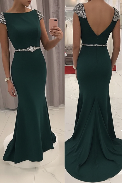 Navy Blue Sequined Fitted Cap Sleeve Mermaid Prom Dress Formal Gown