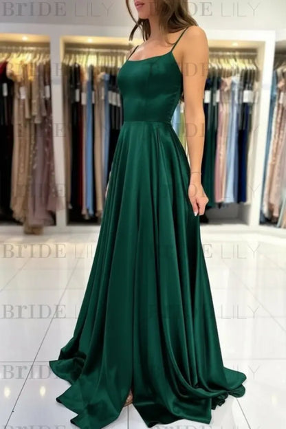 Spaghetti Straps Simple Satin Long Prom Dress with Slit