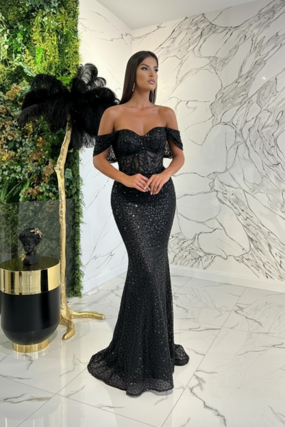 Dark Green Sweetheart Off-The-Shoulder Prom Dress With Appliques Sequins