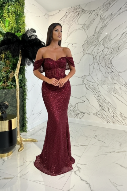 Dark Green Sweetheart Off-The-Shoulder Prom Dress With Appliques Sequins