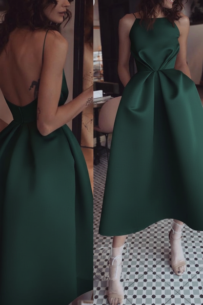 Unique Tea Length Satin Party Spaghetti Straps Backless Prom Dress