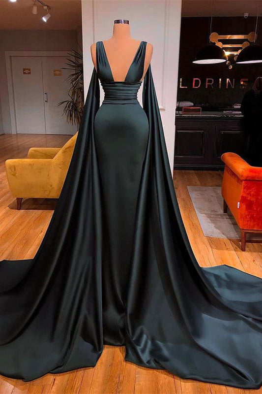 Dark Green V-Neck Sleeveless Sheath Ruffles Prom Dress