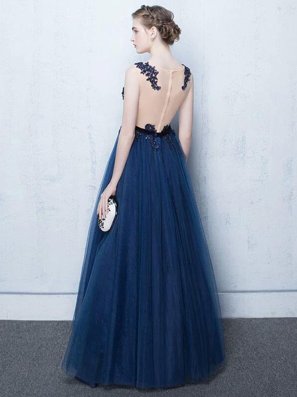 Dark Navy Prom Dresses Long Tulle Evening Dress Lace Illusion Floor Length Formal Dress