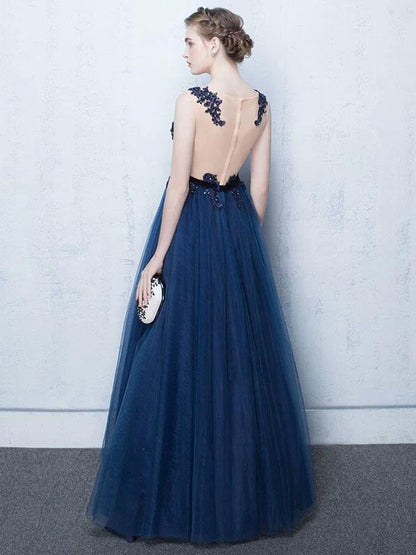 Dark Navy Prom Dresses Long Tulle Evening Dress Lace Illusion Floor Length Formal Dress
