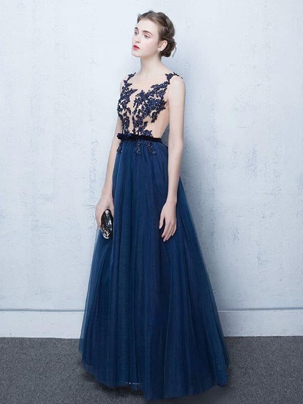 Dark Navy Prom Dresses Long Tulle Evening Dress Lace Illusion Floor Length Formal Dress