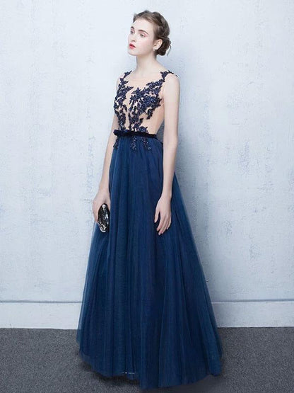 Dark Navy Prom Dresses Long Tulle Evening Dress Lace Illusion Floor Length Formal Dress