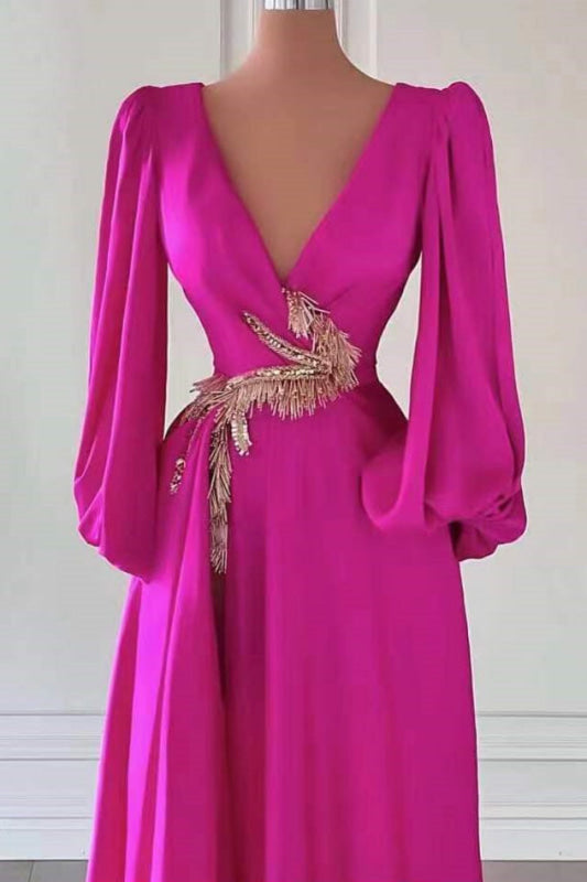 Fuchsia V-Neck Prom Dress A-Line with Long Sleeves