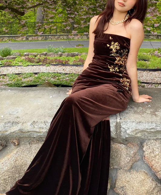 Dark Brown Velvet Gilt Bandeau Gown: Fitted Mermaid, Floral Decoration, Retro Evening Luxury Maxi Dress gh6605