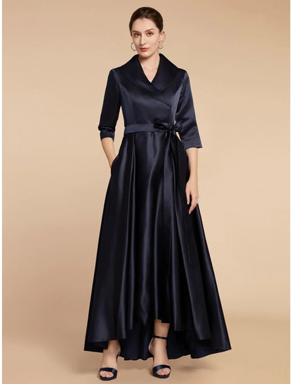 A-Line Mother of the Bride Dress Wedding Guest Elegant V Neck Ankle Length Satin Half Sleeve with Sash / Ribbon Ruching Solid Color